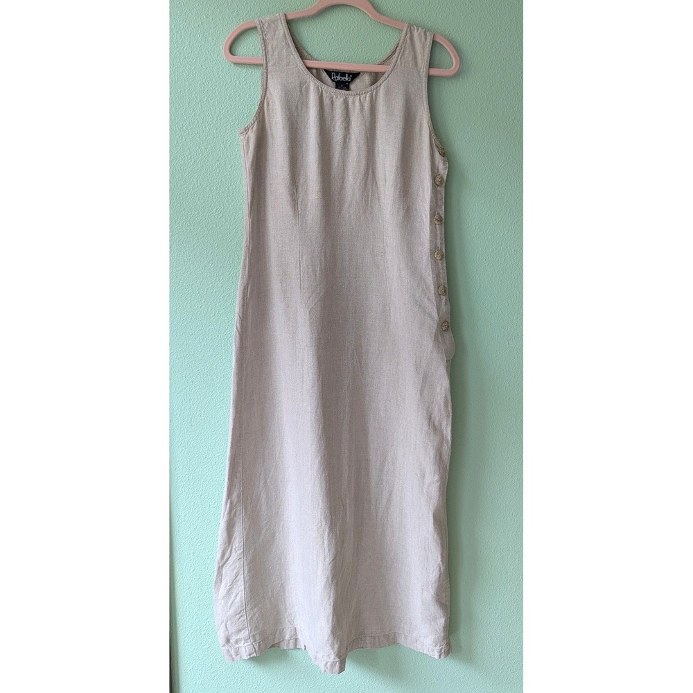 Rafaella Linen Maxi Dress Beige Sleeveless Side Button Tank Minimalist Size 6
